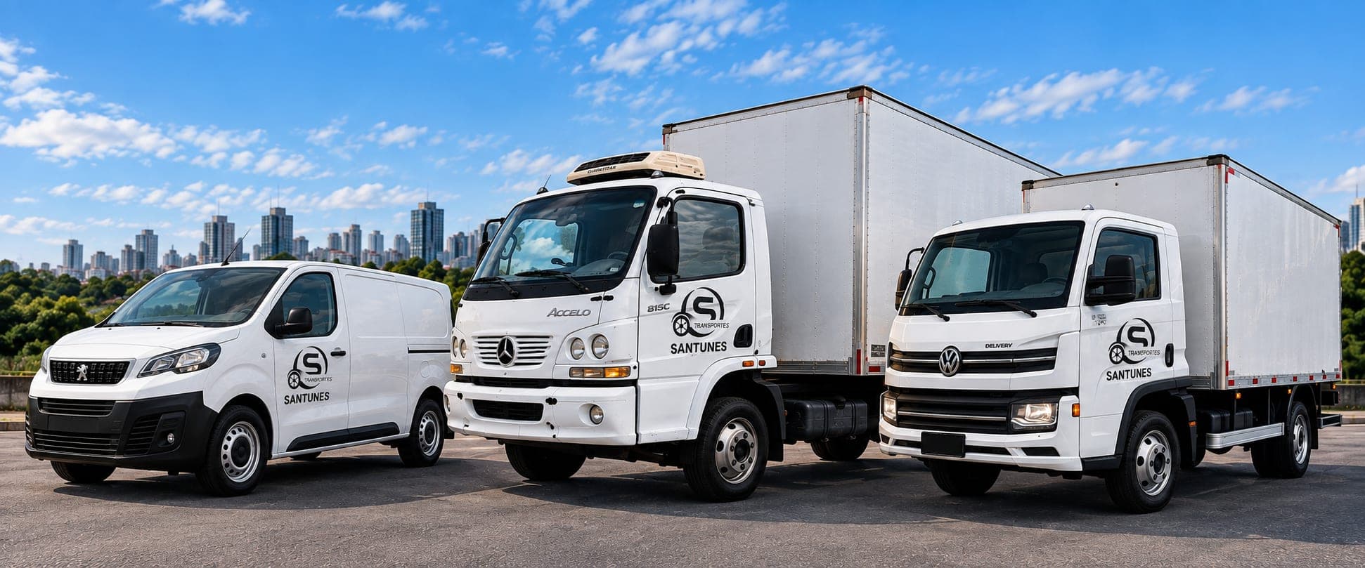 Os três veículos da Santunes lado a lado: a van, o caminhão baú e o VW Delivery, com a cidade ao fundo.